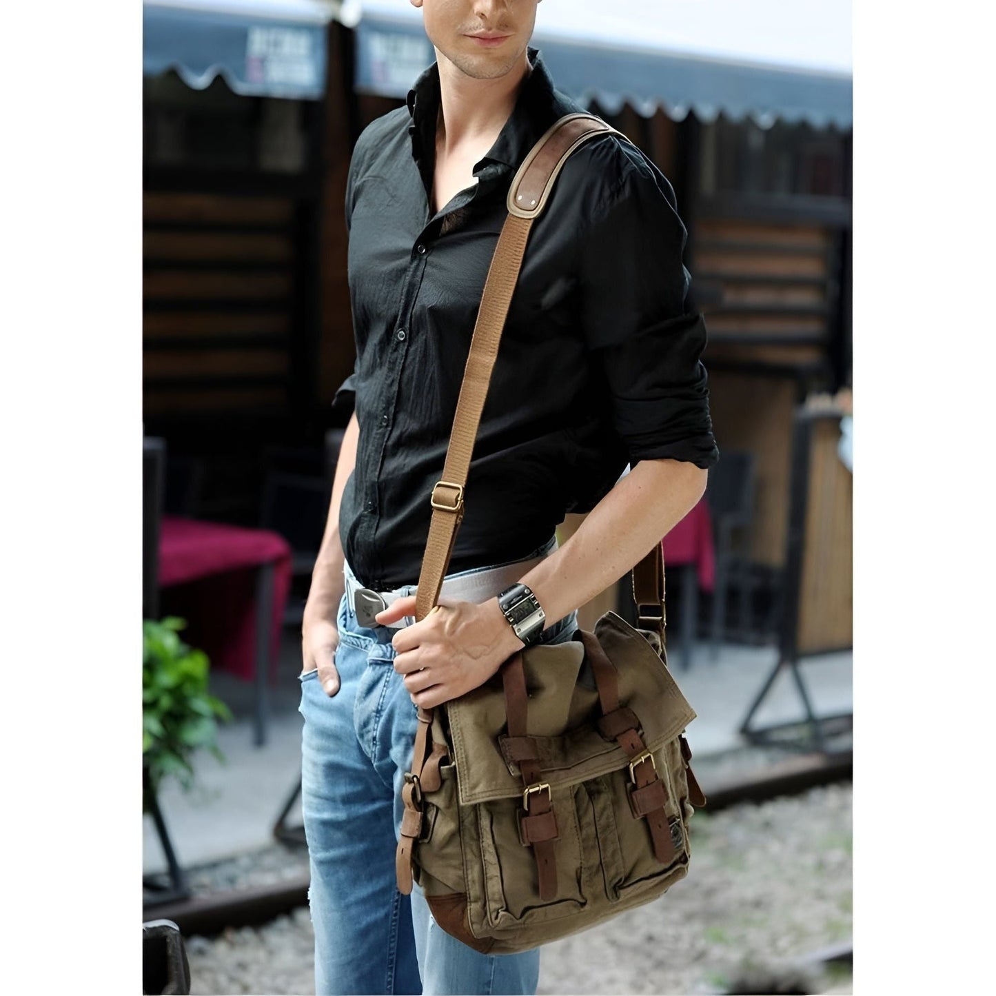 Vozenda – Men’s Vintage Canvas Messenger Bag with Leather Accents