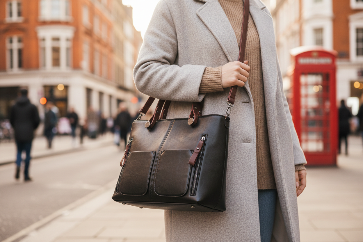 Lifestyle photo of leather shoulder bag being carried on UK city street